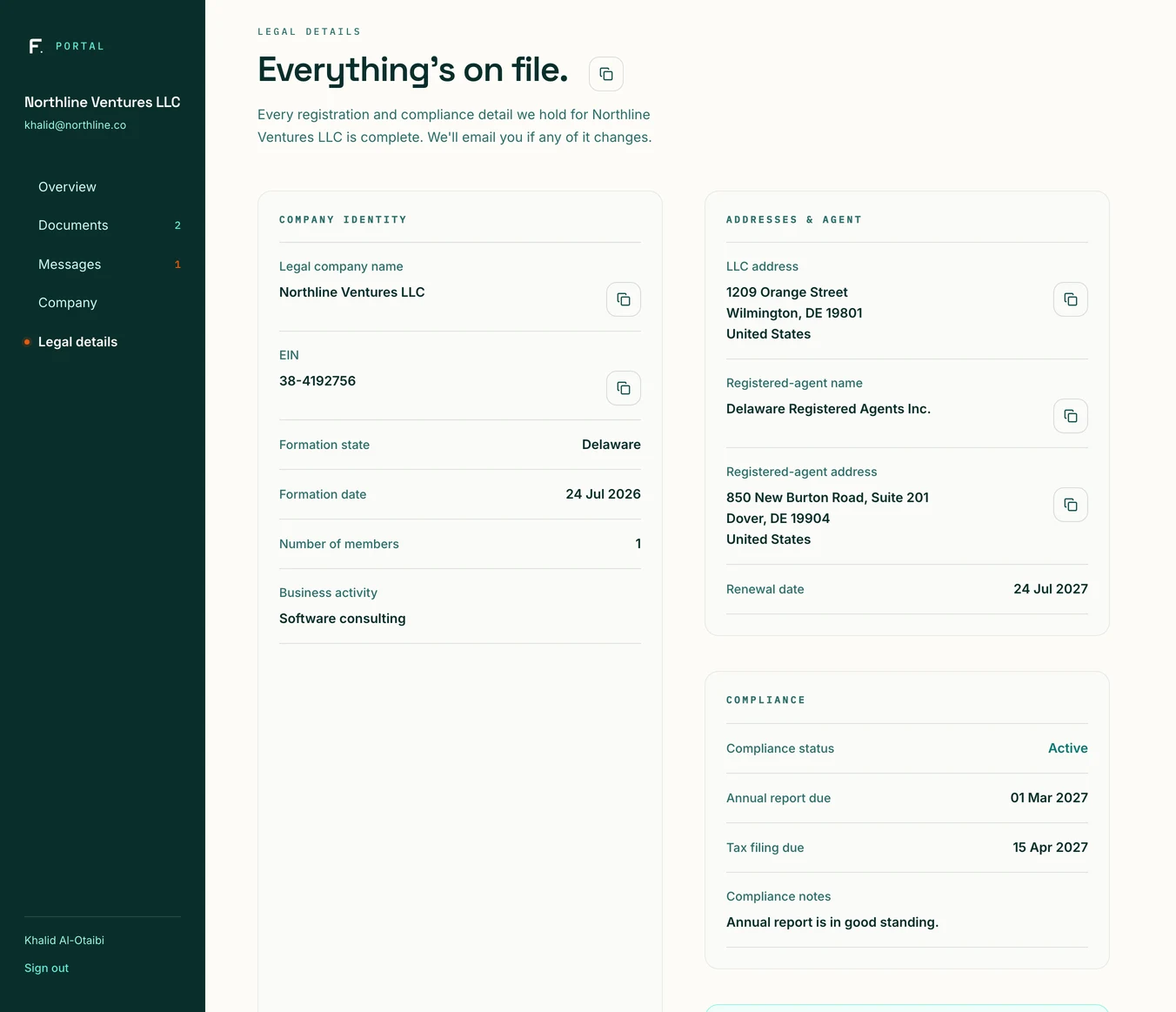 Foundlie portal legal details screen showing the EIN, registered agent, and compliance dates