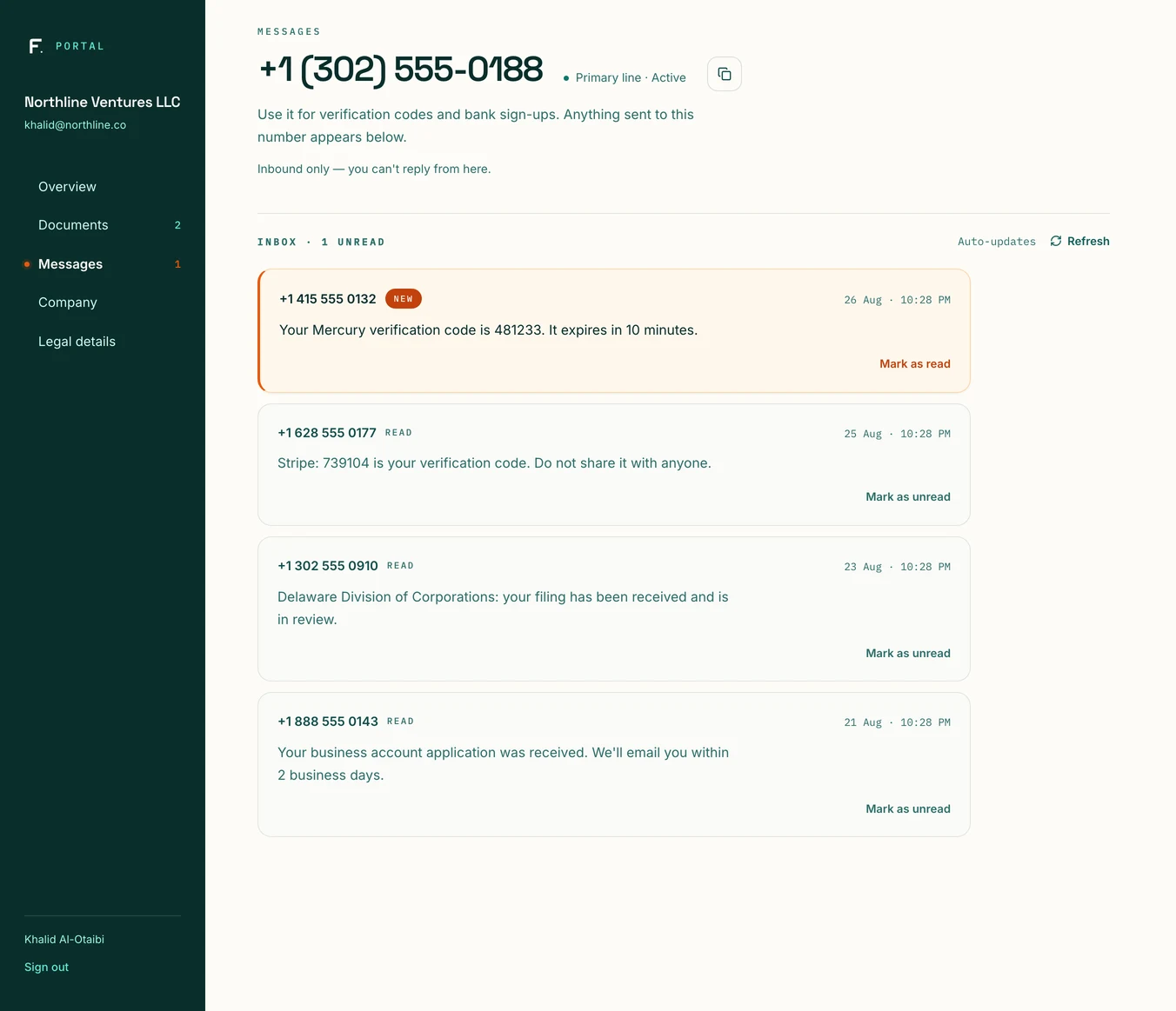 Foundlie portal messages screen showing the assigned US number and inbound verification codes