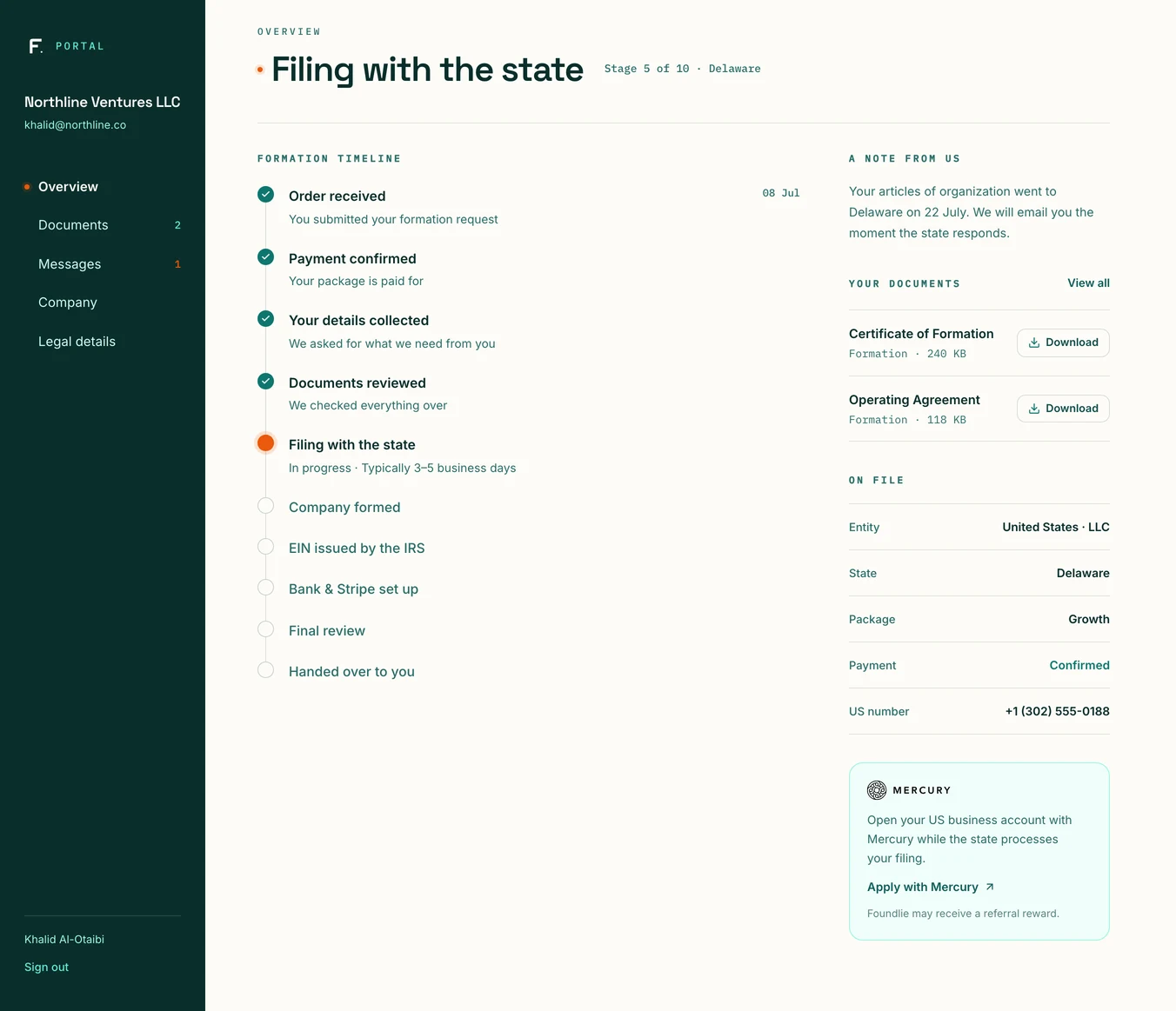 Foundlie portal preview showing the company formation timeline, documents, and account details