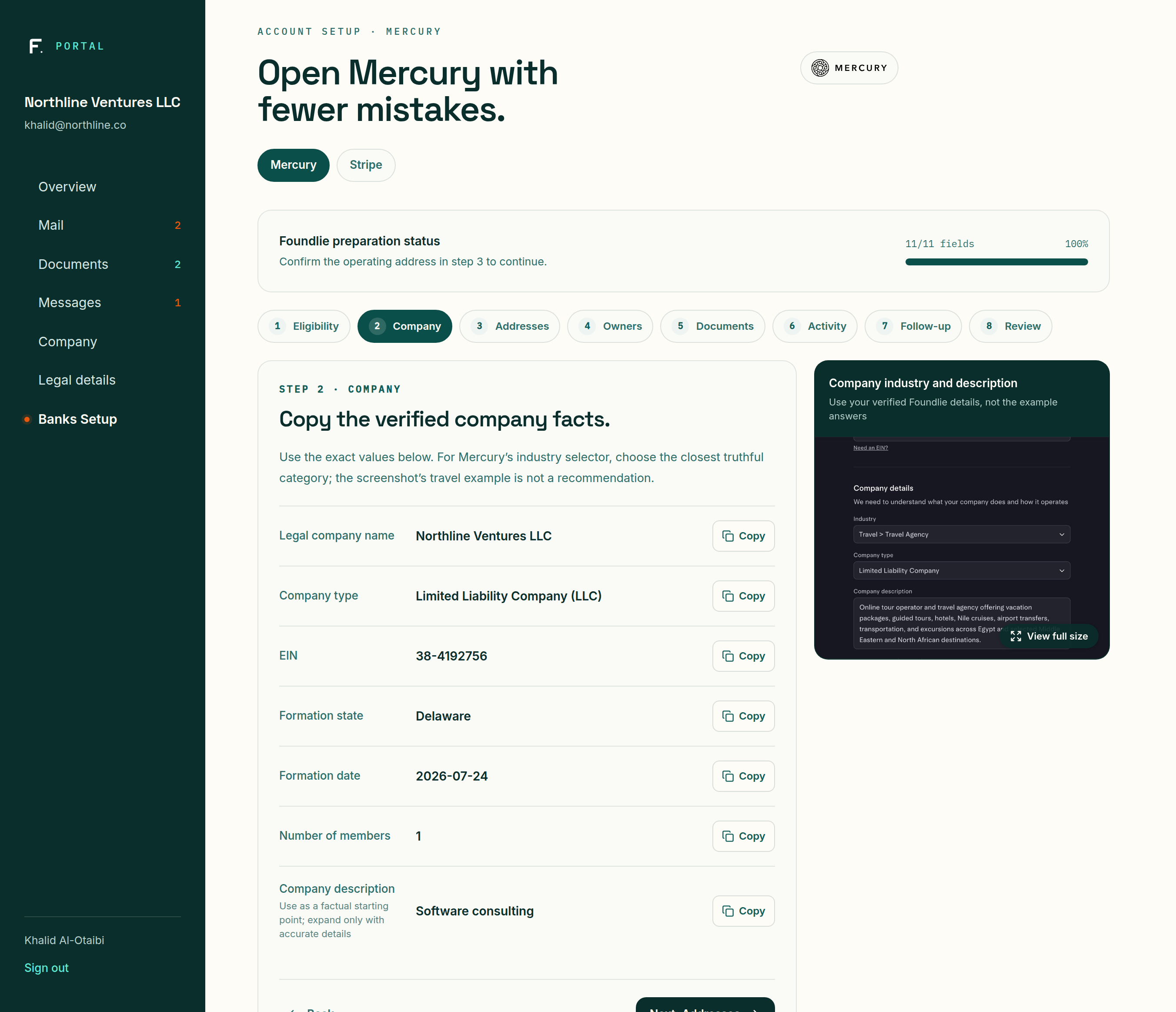 Foundlie portal bank setup guide showing verified company details ready to copy into the Mercury application