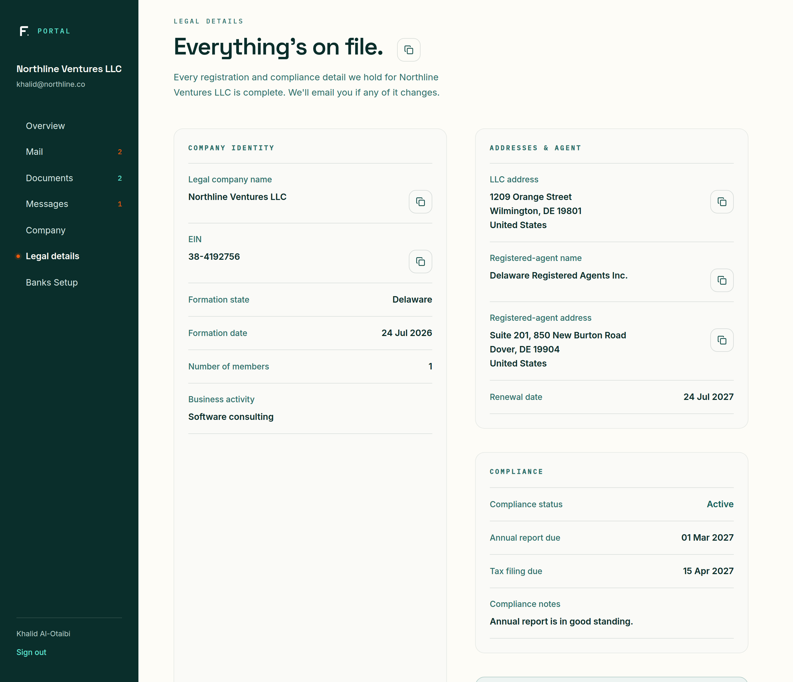 Foundlie portal legal details screen showing the EIN, registered agent, and compliance dates