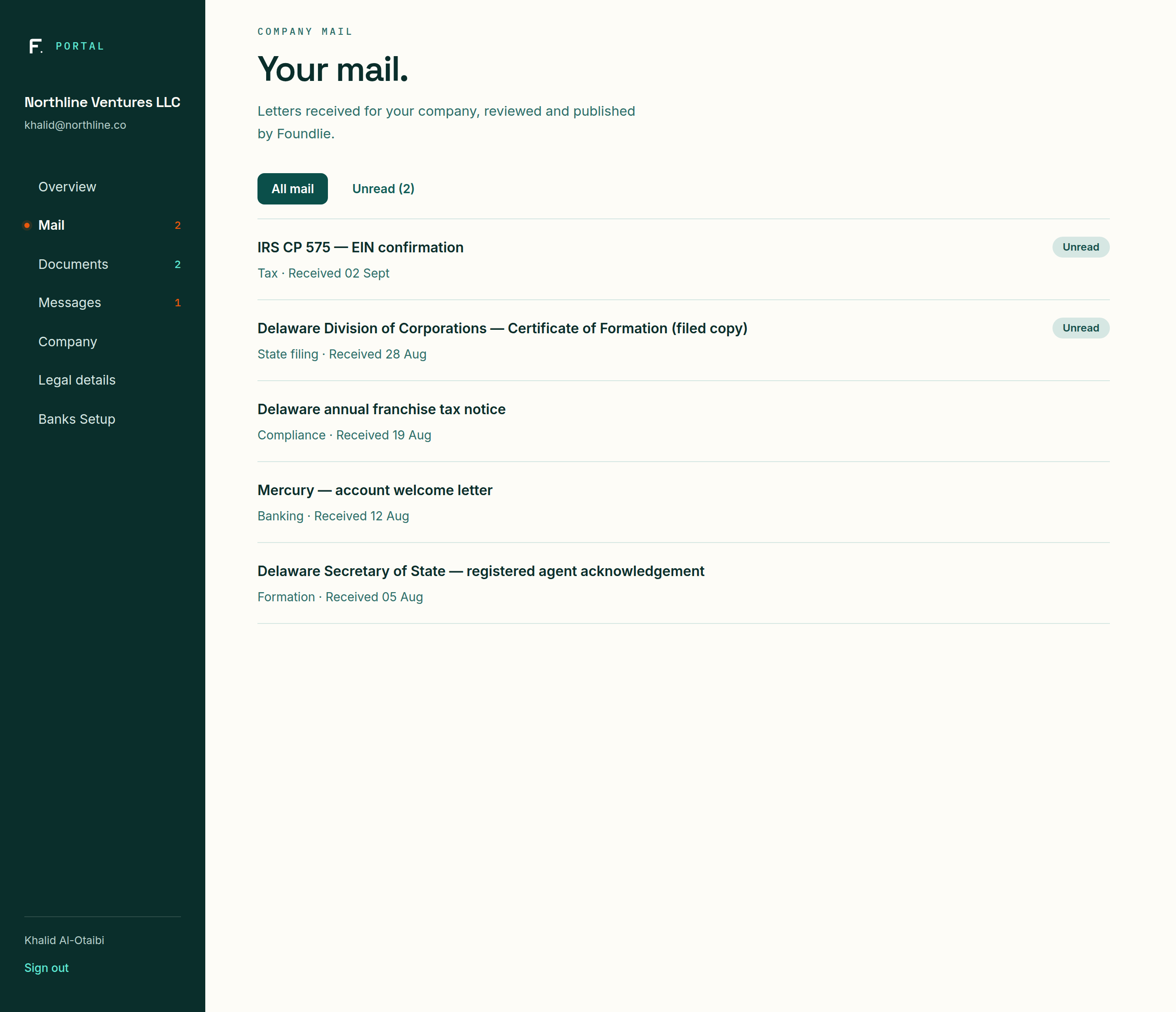 Foundlie portal mail screen showing scanned official letters such as the IRS EIN confirmation and state notices