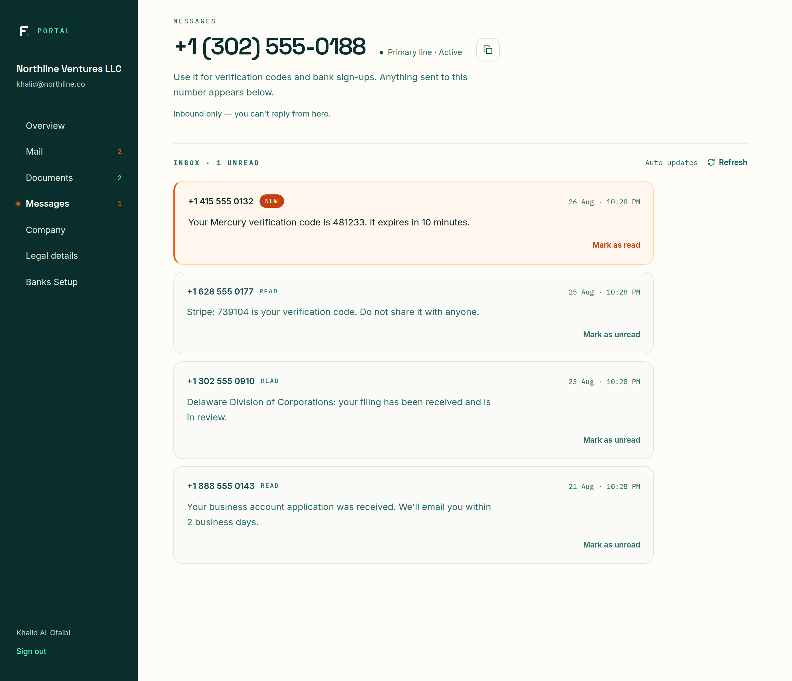 Foundlie portal messages screen showing the assigned US number and inbound verification codes