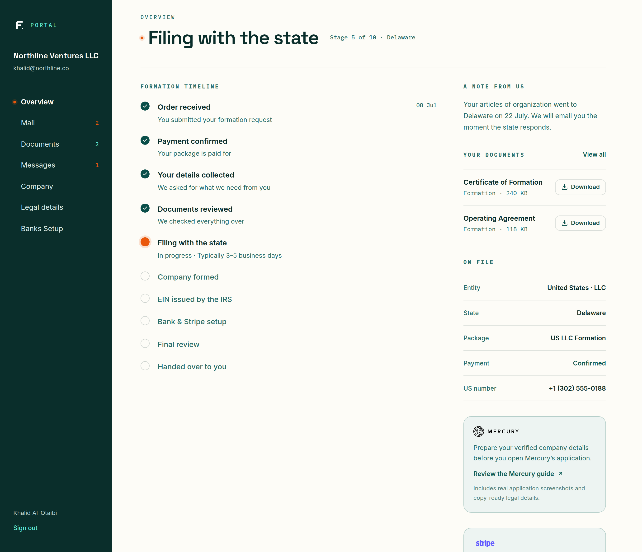 Foundlie portal preview showing the company formation timeline, documents, and account details