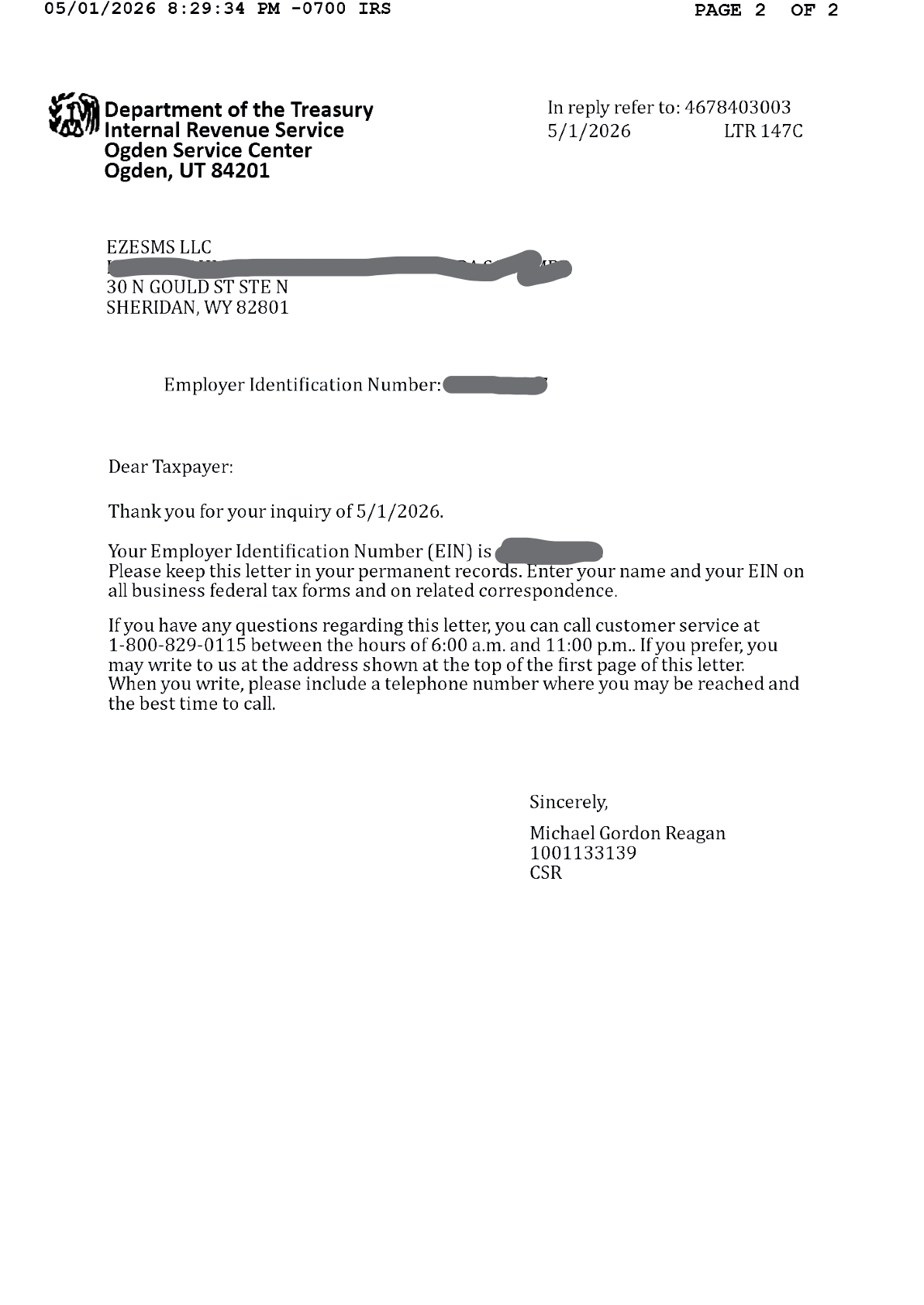 خطاب IRS LTR 147C بعد إخفاء بيانات العميل يؤكد رقم EIN لشركة Wyoming LLC